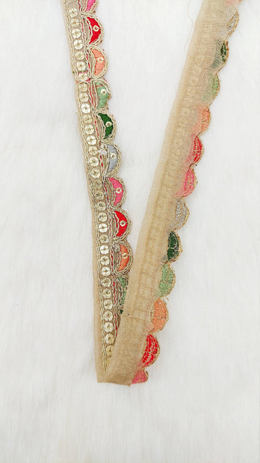 Beige Art Silk Scallop Fabric Lace Trim with Sequins and Multicolour Embroidery, Sari Border, Trim By 3 Yards